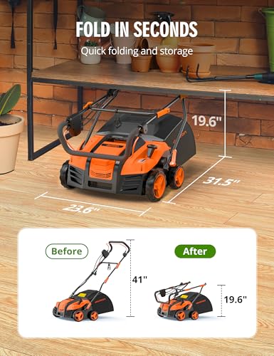 Image of 16 inch Artificial Turf Vacuum,1800w Grass Sweeper 15 Amp Lawn Sweeper Yard Power Brush with 45L Removable Leaf Collection Bag, Quick-Fold, Keeps Clear Sweepy Box, Bright Orange