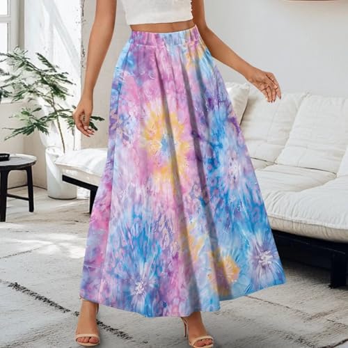 Womens Long Skirts Casual Hig Waisted Elastic Band A Line Ruffle Swing Skirt with Pockets Size S-2XL3