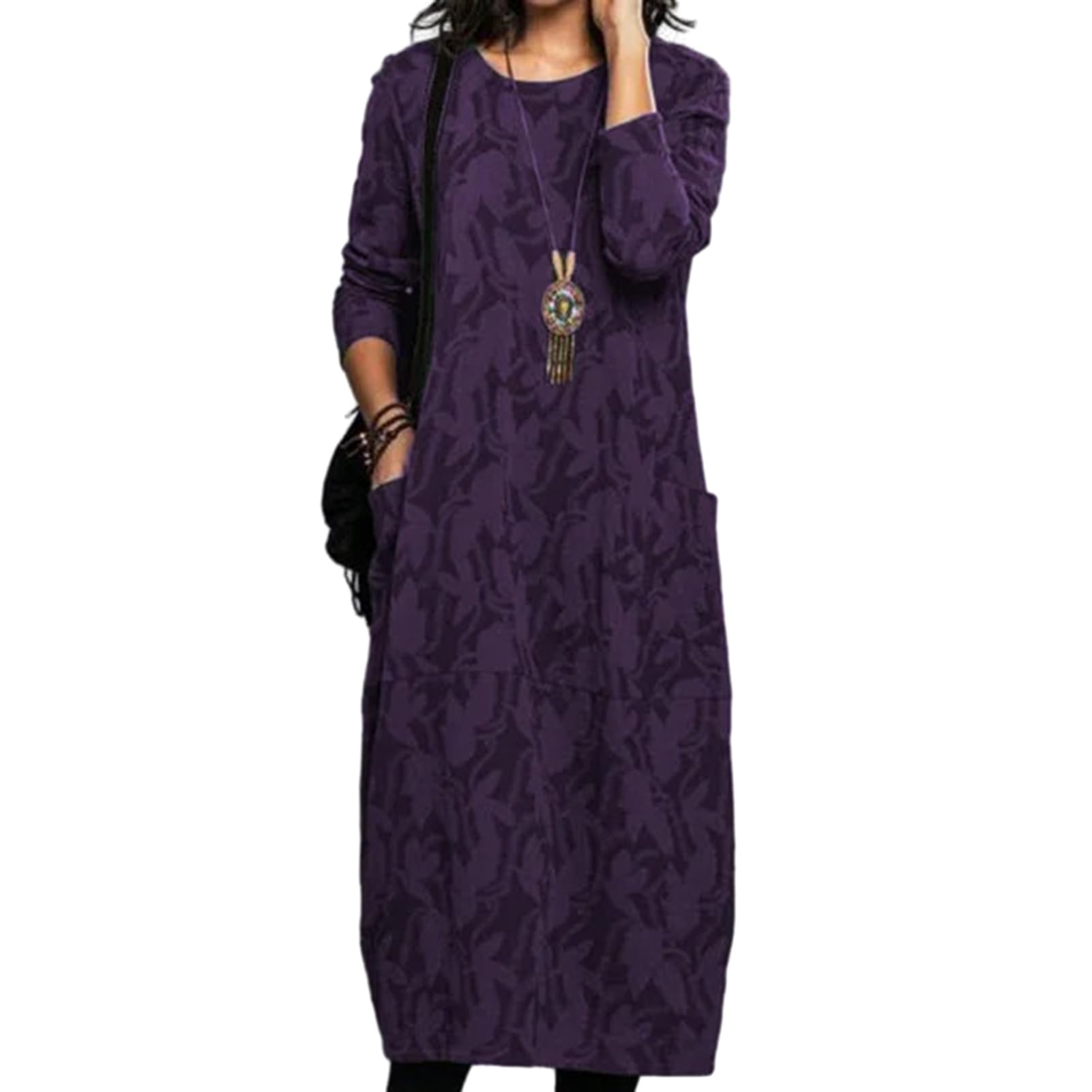 Vestido midi floral de manga larga con cuello redondo, para primavera y otoño, vestido suelto a media pantorrilla con bolsillos laterales, elegante atuendo con estampado floral para mujer, uso diario