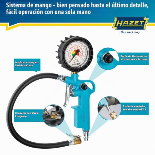 Miniatura 4 de Manómetro de presión de neumáticos HAZET 9041-1 I Rango de medición: 0-12 bar, longitud de la manguera: 400 mm, diámetro: 63 mm I Manómetro de presión de neumáticos para coches, motos y mucho más