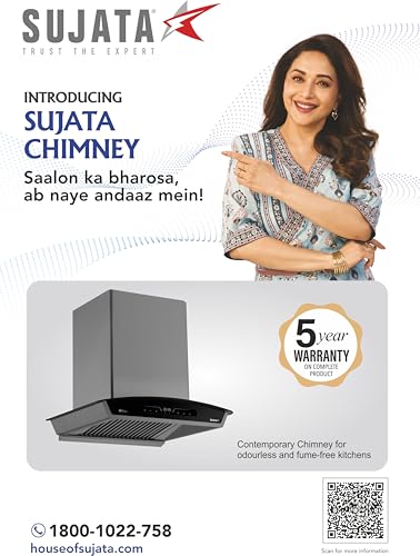 Image of Sujata 75cm Auto Clean Kitchen Chimney | 15 Years BLDC Motor Warranty & 5 Years Comprehensive Warranty| 12 Gesture & Touch Control, Powerful Suction, Low Noise, Wall Mounted, LED Panel(Quartz-Black)