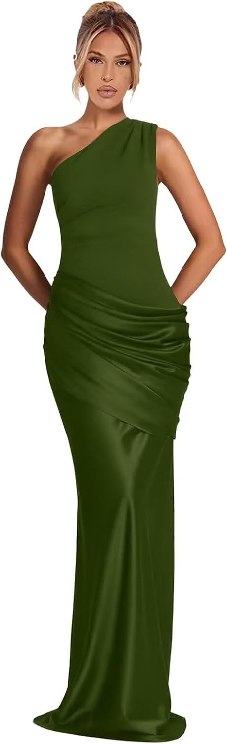One Shoulder Mermaid Prom Dresses for Teens 2026 Satin Ruched Sleeveless Bodycon Long Formal Evening Party Gown
