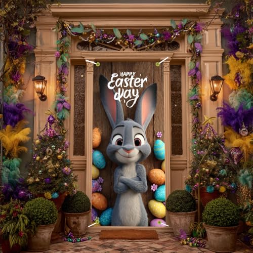 Image of Easter Door Cover Happy Easter Day Gray Bunny Door Banner Cute Easter Door Covers for Front Door Spring Easter Egg Door Decorations 35x71 Inch