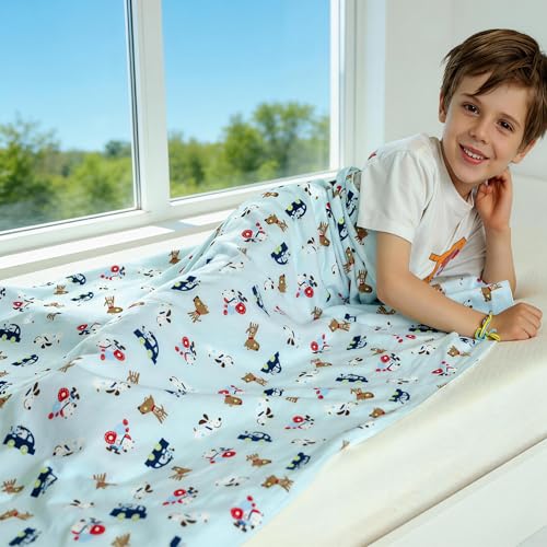 Kids Throw Blanket Soft Cotton Toddler Blanket with Cute Dogs & Cars Pattern Breathable Lightweight Bed Throw for Boys Girls Perfect for Spring Summer Fall 40 x 60 in (101.6 x 152.4 cm)