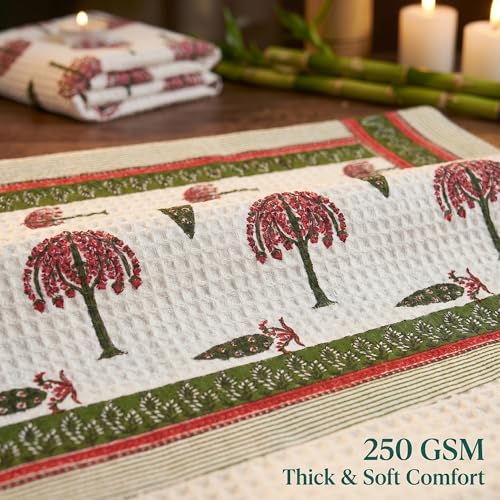 Image of Mafatlal Madhuban Quick Dry Waffle Set (1 Bath 147x76 cm + 2 Hand 76x38 cm) | 250 GSM |Cotton, Lightweight, Hand Printed | Courtyard Color