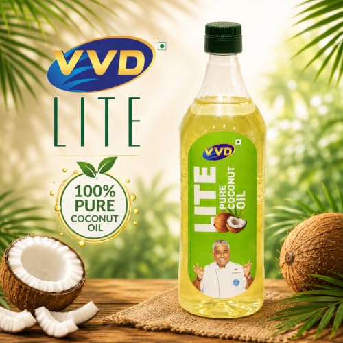 Image of VVD Lite Pure Coconut Oil 1 litre Bottle | Pure Coconut Oil for Cooking | Natural Coconut Cooking Oil | Edible Cooking Oil | Light | Rich Coconut Aroma & Taste | Free from Argemone Oil | Non - sticky | Non-greasy | Less Viscous | Best Value for South Indian Cooking