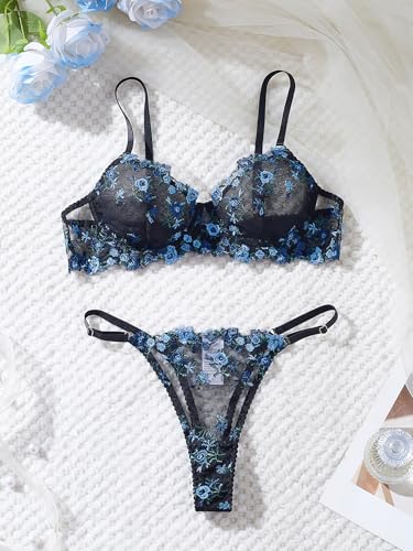 Image of Sexy Floral Embroidered Flower Mesh Underwire Push Up Lingerie Set