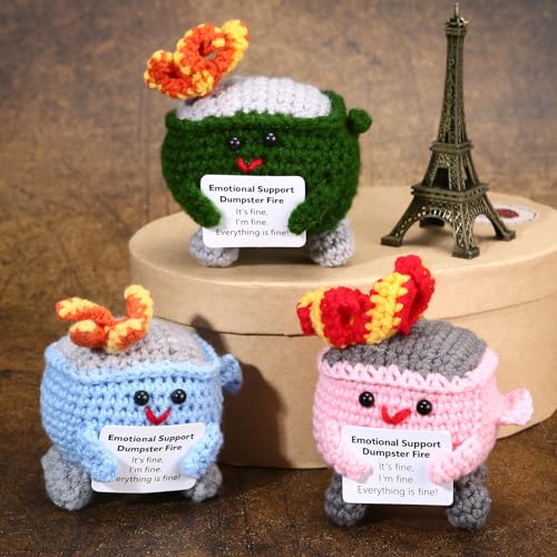 Image of RovyFota Emotional Support Crochet Dumpster Fire with Positive Card Cute Room Decor Knitted Toys Funny Crochet Support Buddies Gifts for Friends (Green&Pink&Blue)