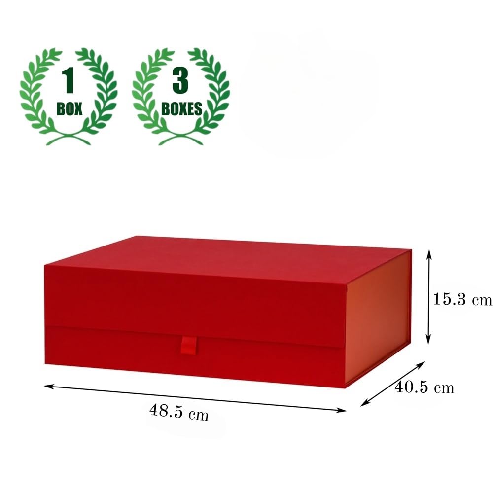 KdmNzoo Confezione regalo grande rossa, 3 pezzi, 48,5 x 40,5 x 15,3 cm, scatola regalo magnetica con coperchio, grande, per vacanze, matrimonio, compleanno, confezione regalo, include rafia e