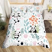Erosebridal Kawaii Panda Bedding Set,Cartoon Panda Duvet Cover Twin,Cute Love Heart Leaf Flower Comforter Cover for Kids Girls Boys,Paw Print Animals Bed Set with 1 Pillow Case