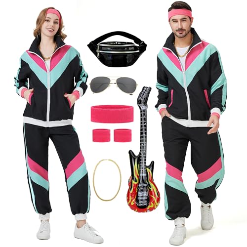 KUKIKUKI 80S Trainingsanzug Kostüm für Männer Frauen Retro 90er Jahre Kostüm Outfit Disco Trainingsanzüge Hip Hop Sportanzug Set (Schwarz XL)