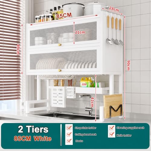 Image of HomeCloud 2-Tier Over-The-Sink Dish Drying Rack with Dustproof Flip Cover Door | Multifunctional Adjustable Metal Kitchen Countertop Organizer (White, 90x85x28Cm)