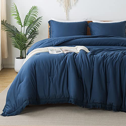 Image of Andency Navy Blue Comforter Set Full Size, 3 Pieces Boho Tassel Lightweight Bedding Comforter Sets, All Season Soft Fluffy Fringe Bed Set (79x90In Comforter & 2 Pillowcases)