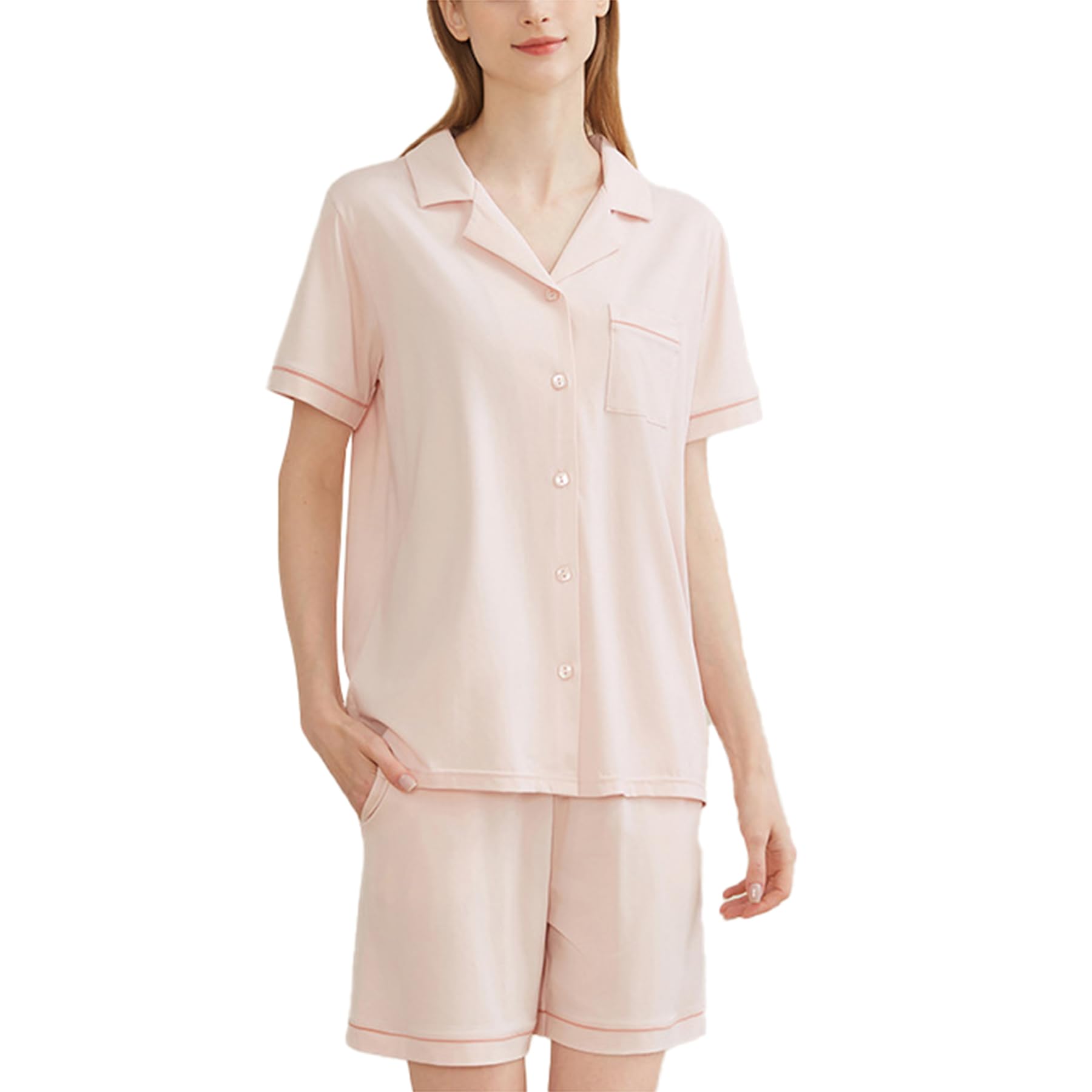 Generic Damska 2-częściowa piżama letnia cienka modalna bawełniana piżama sweter z krótkim rękawem zestaw piżam,Light pink,L