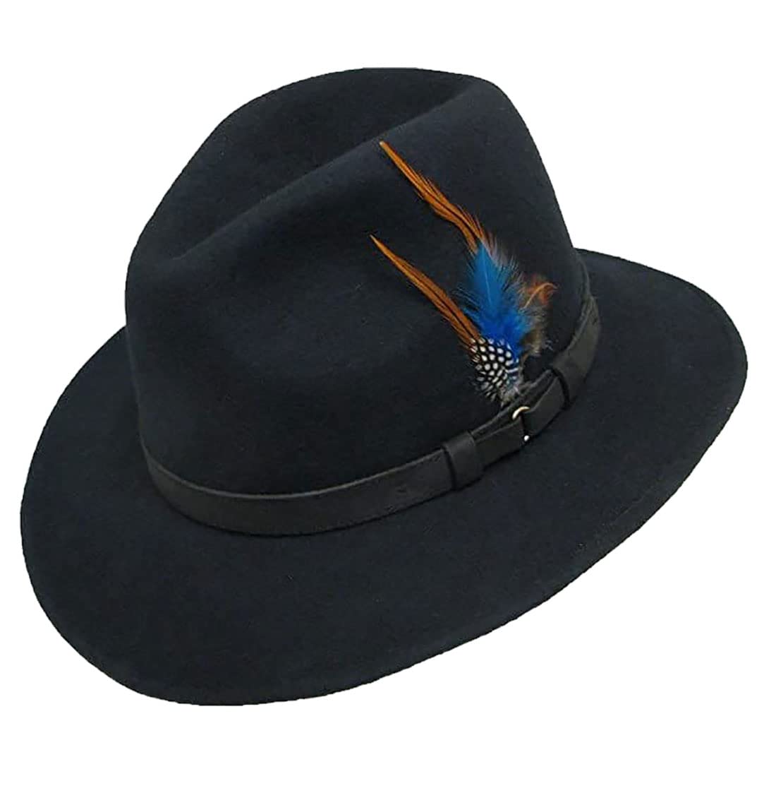 Fairy Trendz Unisex Black Mens Trilby Adjustable Band Feather Fedora Hat Womens Wool Cowboy Style Party Wear Hat