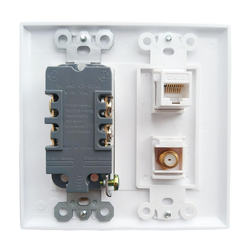 2 Gang Ethernet Coax Wall Plate with 20Amp Power Outlet - Duplex Receptacle Outlet Cover Plate with Coaxial Ethernet +1 Port CAT6 + 1 Coax Cable TV F Type Jack- White