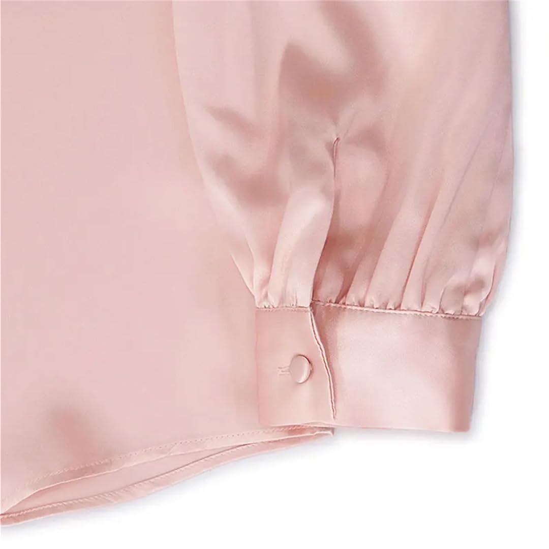 Camisa de satén de seda para mujer, manga larga, cuello en V, blusa para oficina, color liso, para oficina