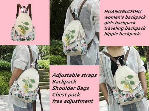 Image of Small Canvas Backpack, Retro Boho Washed Hippie for Women Daily Commute (Cucumber Decorations)
