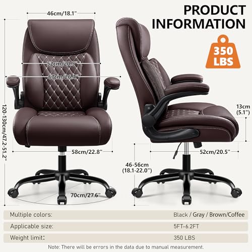 Image of BESTFAIR Office Chair, Executive Computer Desk Chair with Lumbar Support for Lower Back Pain Relief, Ergonomic Leather Home Chair Comfy with Padded Flip-up Arms and Adjustable Armrests, Coffee