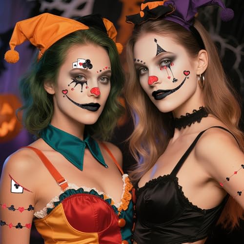 Halloween Clown Face Makeup Temporary Tattoos+Black Red Faces Gems - image 6