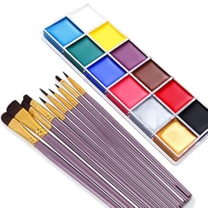 Face Paint Kit, 12 Colors Painting Palette with 10 Brushes Water-Based Body Paint Face Makeup Safe and Easy to Clean for Halloween Carnivals Cosplay Party Stage Performances