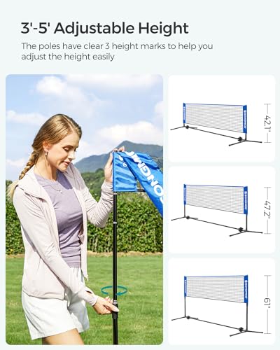 SONGMICS Badminton Net, Height Adjustable Volleyball Net, Pickleball Net for Junior Tennis, Kids, Indoor Outdoor Court, Foldable Nylon Net with Poles 10ft/13ft/16.5ft Wide - Image 4
