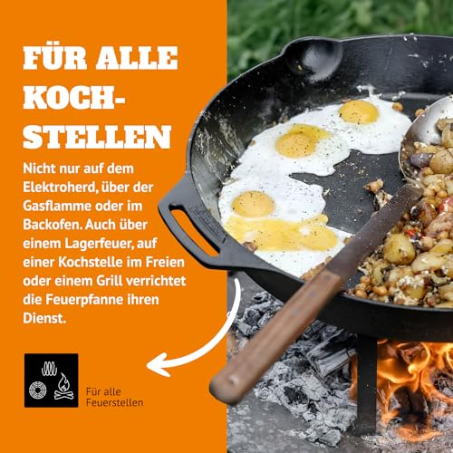 Foto von Petromax Feuerpfanne mit Henkeln - Pfanne aus Gusseisen für alle Herdarten, Gasflamme, Backofen oder Kochen im Freien - Anbraten, Schmoren und Rösten mit Antihafteffekt - 25 cm Durchmesser
