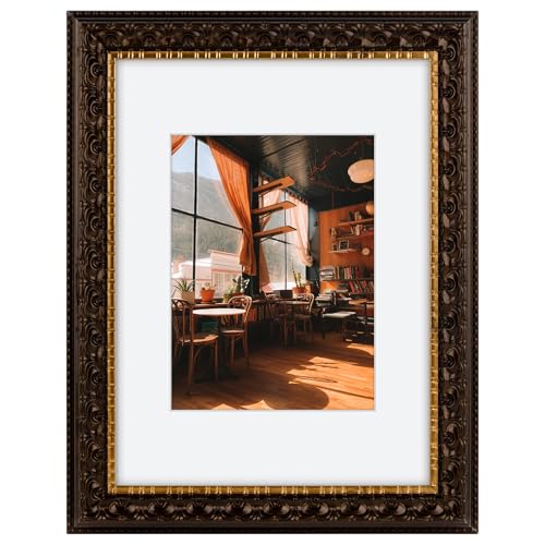 Image of Golden State Art, 9X12 Ornate Finish Photo Frame With White Mat for 6X8 Picture & Real Glass, Color: Dark Brown With Gold