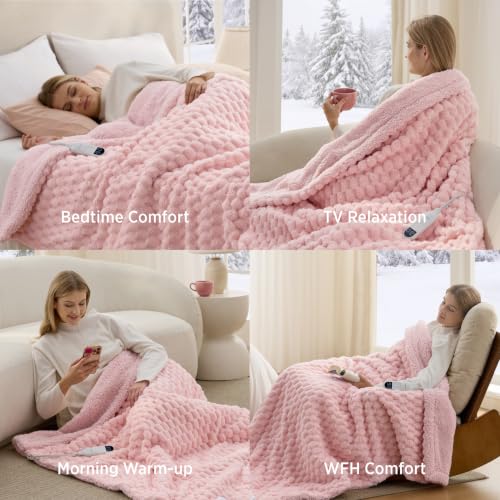 Image of Bedsure Heated Blanket Throw, Pink Bubble Pattern Electric Blanket