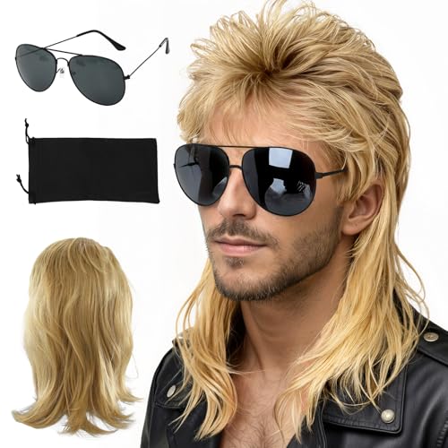 TURAOHU Mullet Wigs for Men Blonde Mullet Wig for Party Daily Halloween Costumes 70s 80s Costumes Fancy Party Accessory Funny Wig With a Pair of Black-Framed Glasses