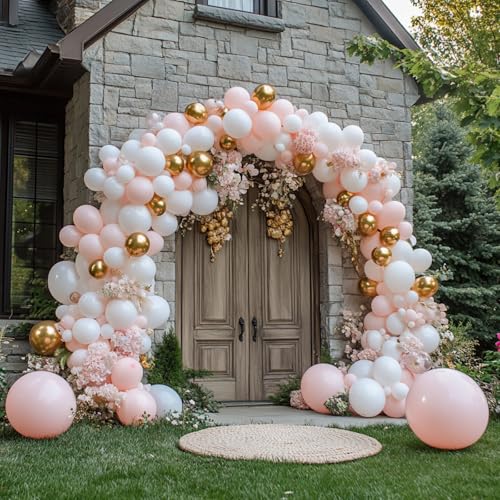 Image of PartyWoo Pink and White Balloon Arch Kit Garland 140pcs Different Sizes of 18 12 10 5 Inch Light Pastel Baby Pink Metallic Gold Confetti White Balloons for Baby Shower Birthday Party Decorations