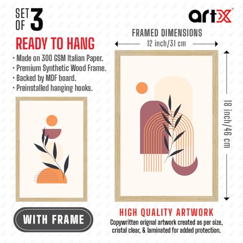 Image of ArtX Paper Bohemian Nature Wall Painting For Living Room Decoration, Boho Framed Painting for Wall Decoration, Wall Decor For Bedroom, Multicolor, 12.0 x 18.0 inches, Set Of 3