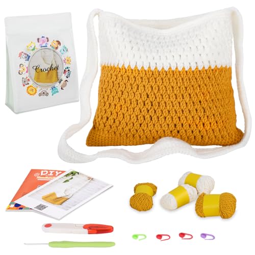 AIKONPU Crochet Kit for Beginners Crochet Tote Bag Kit for Women Knitting Bags with Step-by-Step Video Tutorials for DIY Crochet Gifts (1P, White&Yellow)