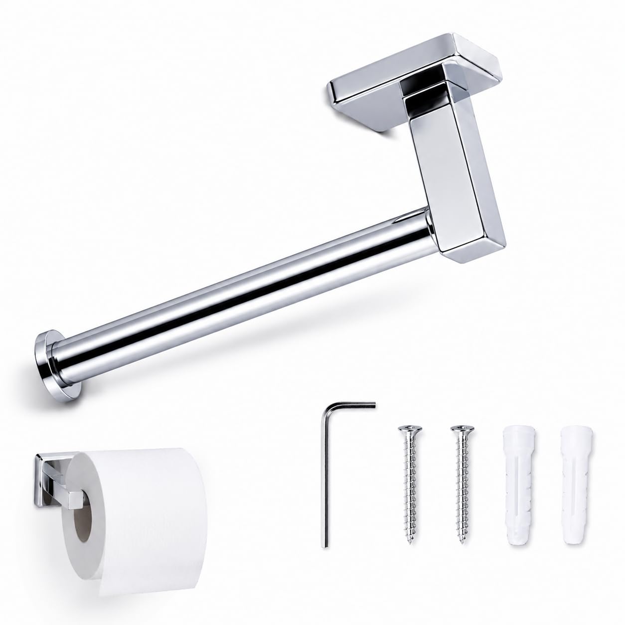 Safekom Stainless Steel Modern Deluxe Square Design Chrome Bathroom Accessory Bath Wall Mounted Bathroom Toilet Tissue Paper Roll Dispenser Holder Stand & Fittings Included