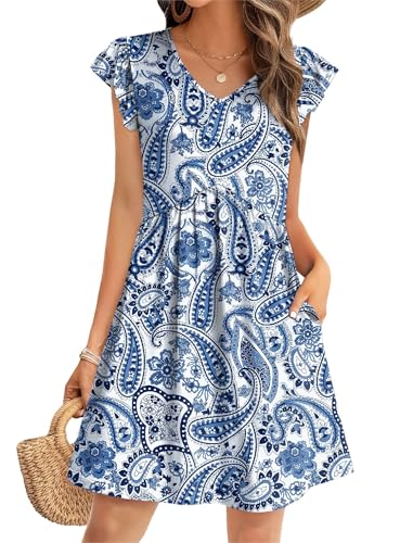 Image of OFEEFAN Summer Dresses for Women Beach Vacation Clothes V Neck Ruffle Sleeve Babydoll Dress Elegant Classy Sundress