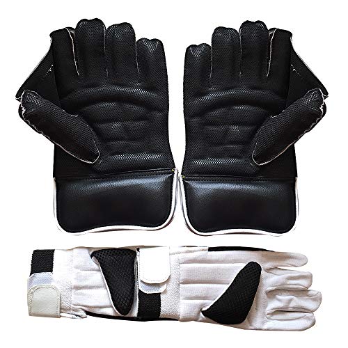 Image of JetFire Cricket Men's Ibex Regular Wicket Keeping Gloves Combo With Cotton Inner Gloves (Black), Standard