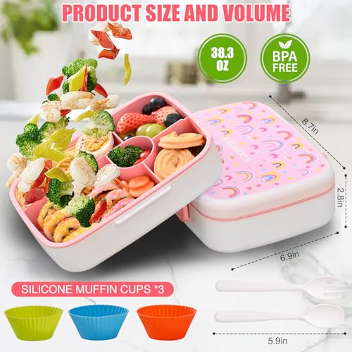 Image of Bento Box for Kids Lunch Box Leak-Proof, Bento Lunch Box with 5 Compartments, Lunch Containers with 3 Silicone Baking Cups, Microwave /Dishwasher Safe (43OZ) (Pink)