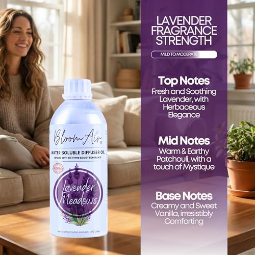 Image of Lavender Meadows Diffuser Oil for Home Fragrance, 1 Litre Refill, Water-Soluble, Strong & Long-Lasting Aroma Infused with 3X Hyper Boost Action for use in Home and Office