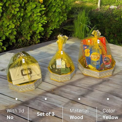 Image of (Set of 3-8 inch,10 inch,12 inch inch, Hexagon, Stone Lace, Color-Yellow) MDF Base Designer Gift Hamper Packaging Baskets with Net Cover, Gift Hamper Organiser Perfect for Any Occasion