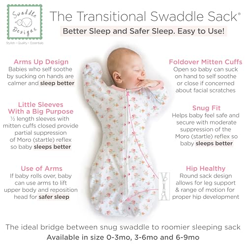 Image of SwaddleDesigns Transitional Swaddle Sack, Arms Up Half-Length Sleeves & Mitten Cuffs, Swaddle for Newborn Transition to Baby Sleep Sack Wearable Blanket, 6-9mo, 21-24 lb, Watercolor Peachy Pink Floral