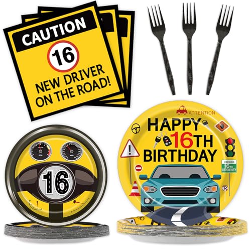 Image of 100 Pcs Drivers License 16th Birthday Party Decorations New Driver Car Plates and Napkins Set Disposable Racing 16 Years Old Paper Tableware for Boys Learner Driver Theme Supplies Serves 25