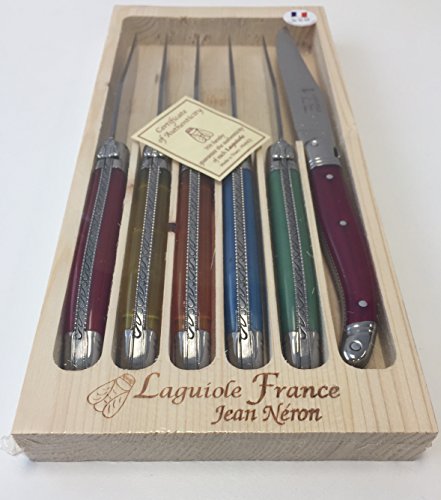 Neron Coutellerie Laguiole 6 Piece Set Steak Knives with Flash Color and Hand Carved Plated Handle in Wooden Box by Jean Neron