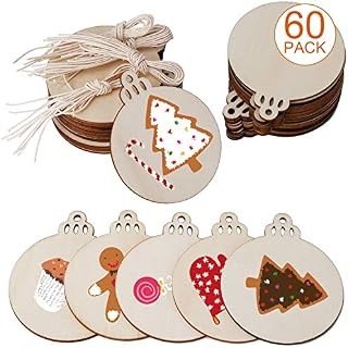 SAVITA 60 Pieces Natural Wood Slices, Round Wooden Discs Wooden Baubles Paintable Christmas Ornaments for DIY Crafts Christmas Tree Decorations Holiday Hanging Decorations