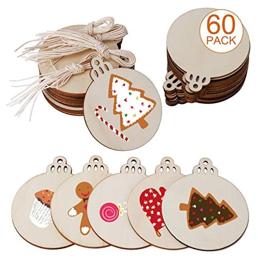 SAVITA 60 Pièces Boule Noël Bois, Disques en Bois Ronds, Flans en Bois, Décorations de Noël à Peindre pour Bricolage Artisanal, Décorations pour Arbres de Noël, Décorations Suspendues pour Les Fêtes