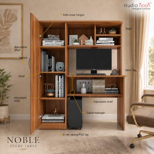 Image of Studio Kook Noble Study and Computer Table with Storage, Amber Walnut | Space-saving engineered wood desk with enclosed cabinet, open shelves and overhead storage. Ideal for study or computer use.