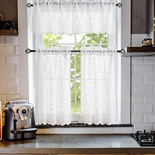 Aligogo 3 Piece Lace Kitchen Curtains And Valances Set 36 Inches Length Country Short Sheer Kitchen Curtains For Small Window 70S Cafe Curtains With Valance Bathroom Window Curtains,52" X 36" White #TOP12