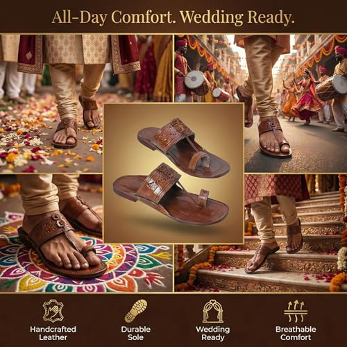 Image of Kolhapuri Chappal for Men Original, Semi-Premium Leather Semi-Handcrafted Traditional Kolhapuri Chappal for Man Formal Footwear for Weddings & Parties, Ethnic Wear & Daily Comfort