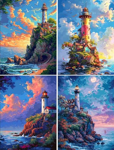 Broderie diamant paysage marin pour décorer votre salon avec un grand kit 5D de 4 phares