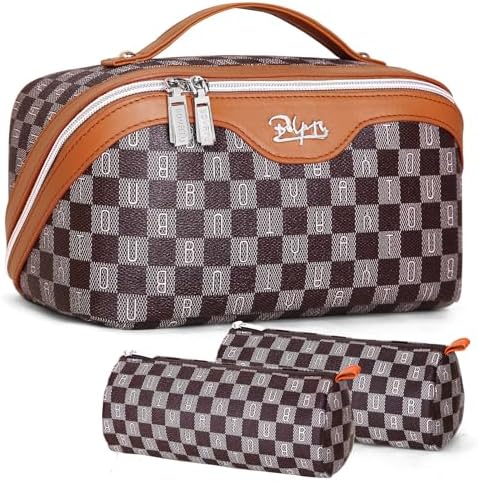 BOYATU Travel Makeup Bag Cosmetic Bags for Women: 3 Pcs Set Portable Make up Bag with Handle - Vegan Leather Toiletry Bags with Compartments - Makeup Organizer for Travel Essentials(02-Brown)