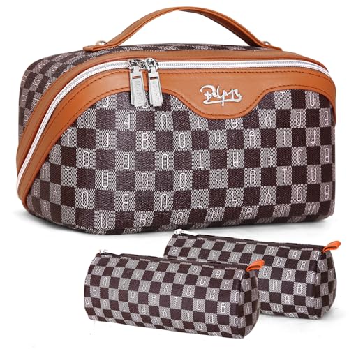 BOYATU Travel Makeup Bag Cosmetic Bags for Women: 3 Pcs Set Portable Make up Bag with Handle - Vegan Leather Toiletry Bags with Compartments - Makeup Organizer for Travel Essentials(02-Brown)